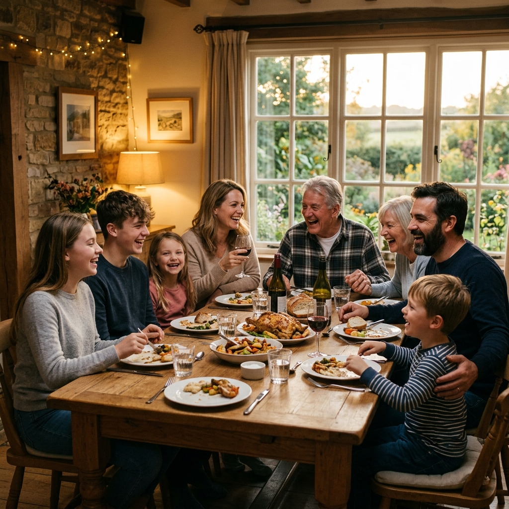 A multigenerational family laughing together around a dinner table at golden hour